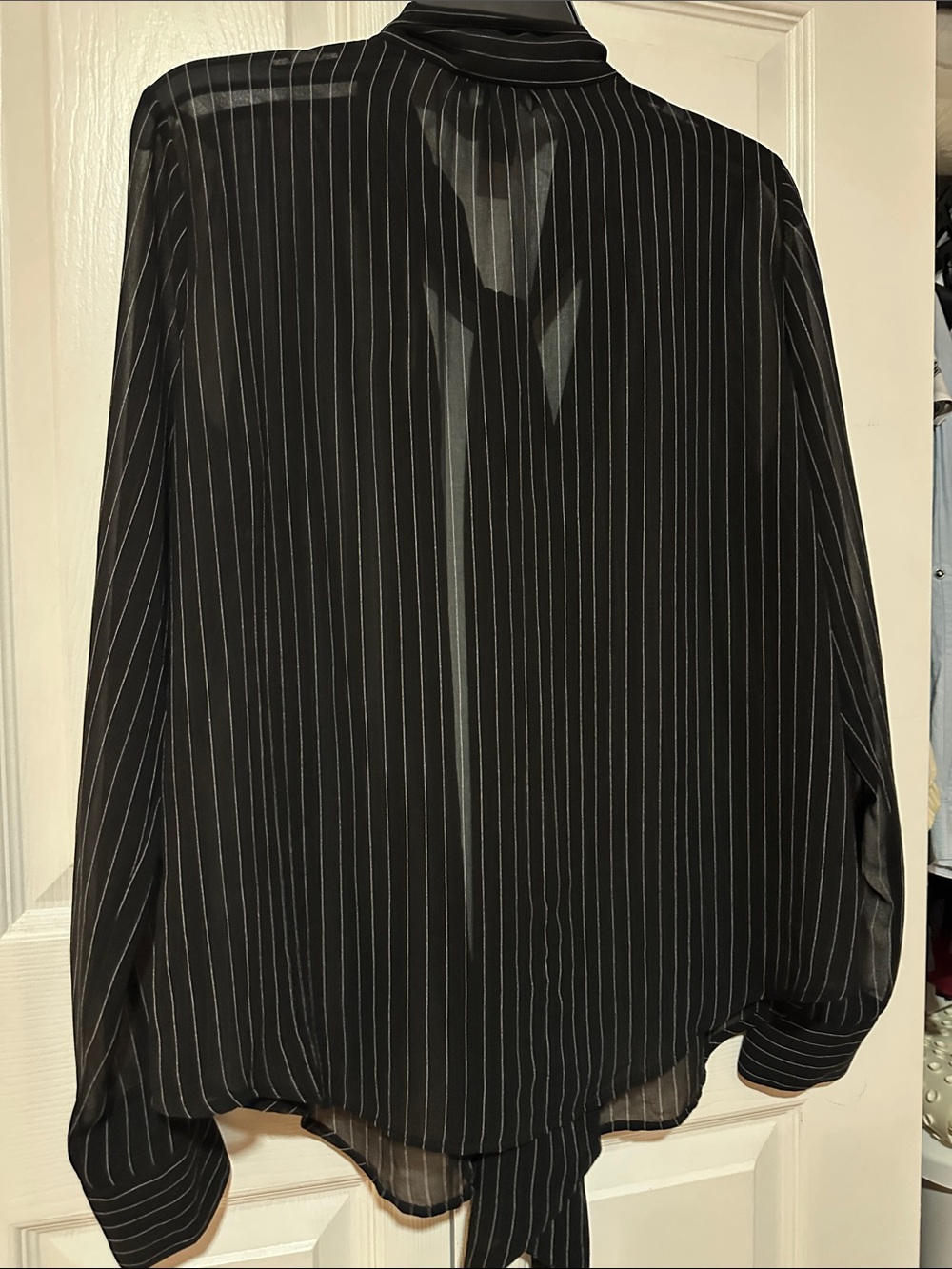 White House Black Market Black Pinstripe Tie-Neck Blouse - Picture 2 of 2